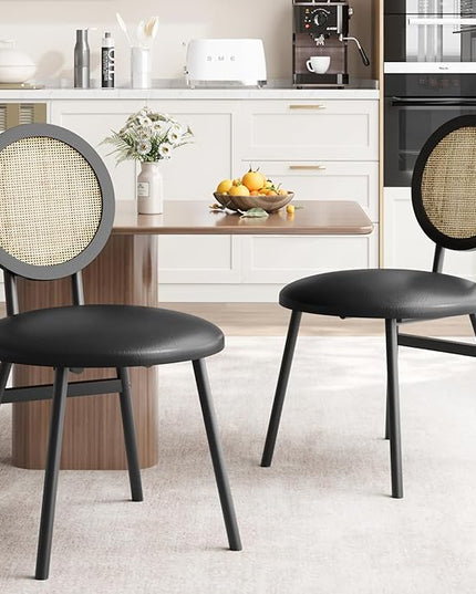 IDEALHOUSE Dining Chairs Set of 2, Rattan Kitchen Chairs with Thicken Upholstered, Modern Dining Room Chairs Set of 2, Space Saving Dining Chairs with Metal Legs for Living Room (1, Black) - LeafyLoom