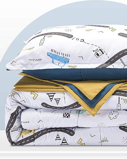 SLEEP ZONE Kids Bedding Comforter Set Full/Queen Size - Super Cute & Soft Kids Bedding 7 Pieces Set with Comforter, Sheet, Pillowcase & Sham (Car Road) - LeafyLoom