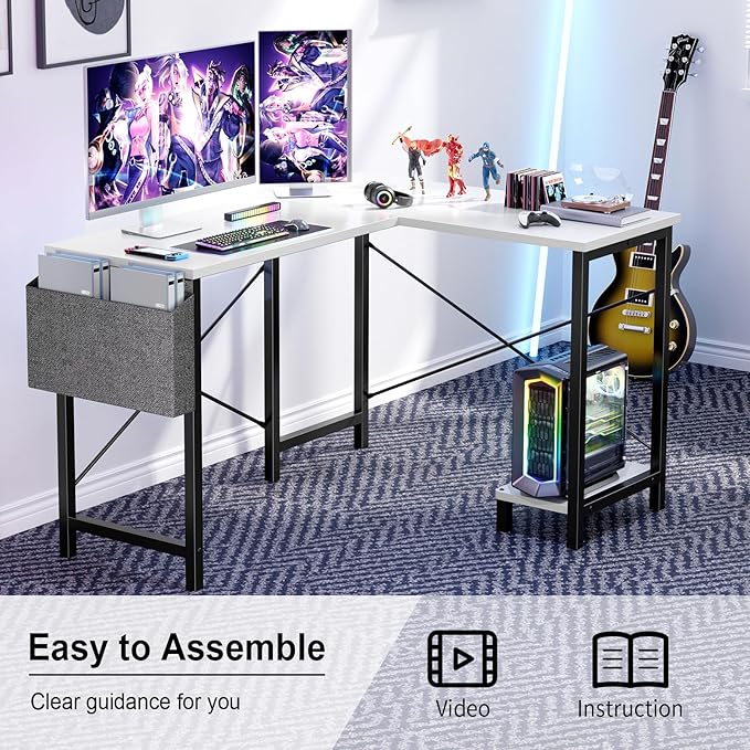 DUMOS Wood Computer Desk PC Gaming Table with Side Storage Bag for Home Office Small Spaces, White, 50 Inch - LeafyLoom