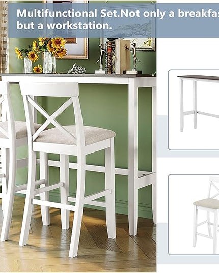 Voohek 3-Piece Bar Table and Chairs Set, Wood Counter Height Dining Furniture for 2, Small Space, Kitchen, Breakfast Nook, Bistro,Apartment, Industrial Style, White - LeafyLoom