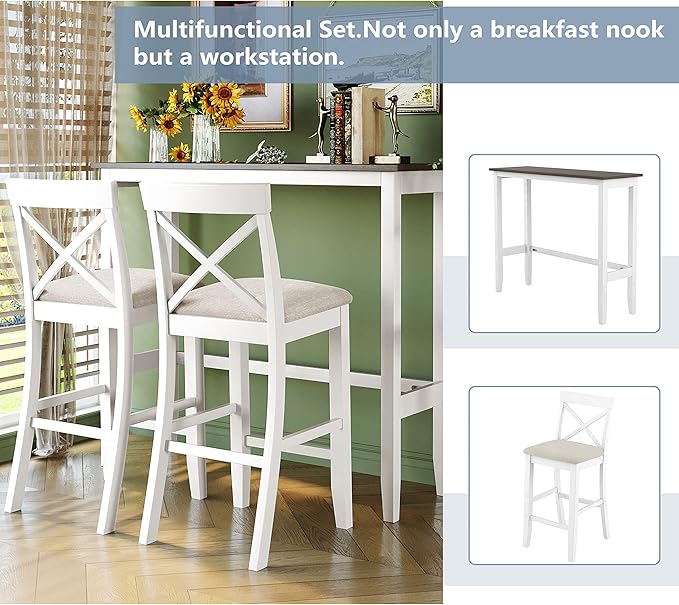 Voohek 3-Piece Bar Table and Chairs Set, Wood Counter Height Dining Furniture for 2, Small Space, Kitchen, Breakfast Nook, Bistro,Apartment, Industrial Style, White - LeafyLoom