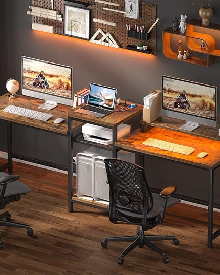 Unikito Double Computer Desk with LED Strip and Power Outlet, 2 Person Desk with Monitor Stand and Storage, Ergonomic Computer Desk with Printer Stand for Home Office, Long Gaming desk, Rustic Brown - LeafyLoom