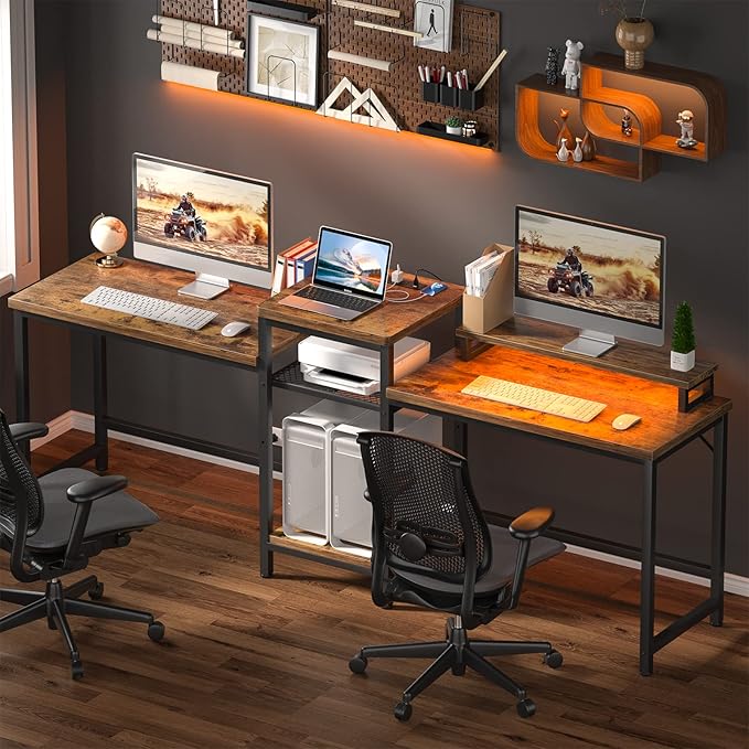 Unikito Double Computer Desk with LED Strip and Power Outlet, 2 Person Desk with Monitor Stand and Storage, Ergonomic Computer Desk with Printer Stand for Home Office, Long Gaming desk, Rustic Brown - LeafyLoom