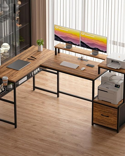 GreenForest 69 inch L Shaped Computer Desk with Drawers and Printer Stand, Gaming Desk with Power Outlet, Monitor Shelf, Storage Shelves and Hooks for Home Office Working, Writing, Studying, Walnut - LeafyLoom