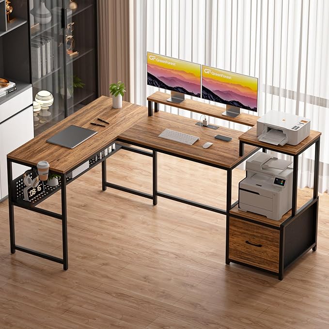 GreenForest 69 inch L Shaped Computer Desk with Drawers and Printer Stand, Gaming Desk with Power Outlet, Monitor Shelf, Storage Shelves and Hooks for Home Office Working, Writing, Studying, Walnut - LeafyLoom