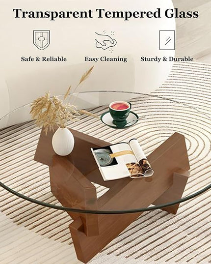 Coffee Table, Round Coffee Table for Living Room Modern Glass Coffee Table with Solid Wood Legs Farmhouse Mid Century Center Table Large Circle Cocktail Table (Walnut + Transparent, 31.5in) - LeafyLoom