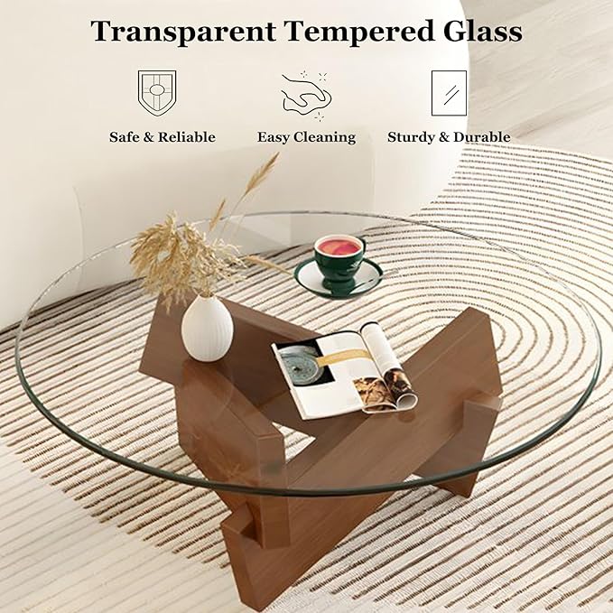 Coffee Table, Round Coffee Table for Living Room Modern Glass Coffee Table with Solid Wood Legs Farmhouse Mid Century Center Table Large Circle Cocktail Table (Walnut + Transparent, 31.5in) - LeafyLoom