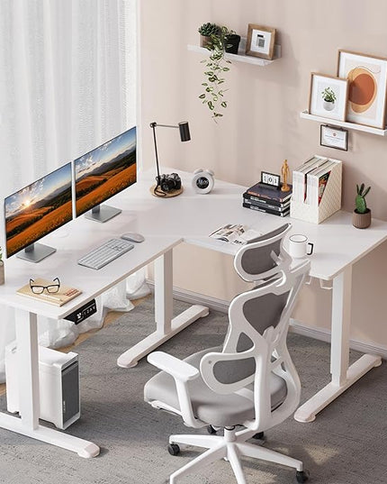 L-Shaped Electric Standing Desk, 63 x 48 Inches Height Adjustable Coner Table, Home Office Computer Workstation, White, 63 x 48 Inch - LeafyLoom