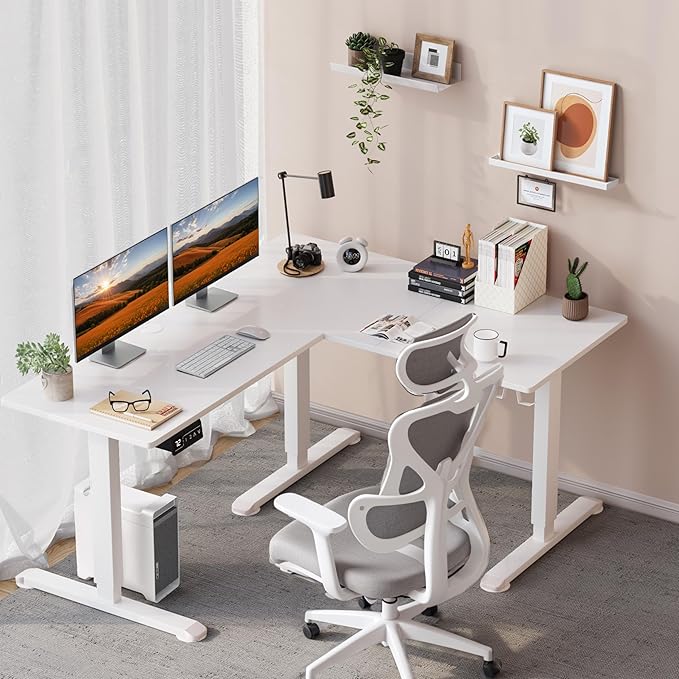 L-Shaped Electric Standing Desk, 63 x 48 Inches Height Adjustable Coner Table, Home Office Computer Workstation, White, 63 x 48 Inch - LeafyLoom