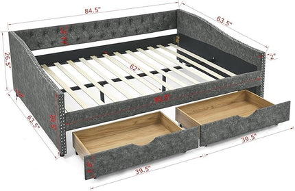 Queen Size Daybed with 2 Storage Drawers,Linen Upholstered Sofa Bed W/Button on Back & Copper Nail on Waved Shape Armrests,No Spring Box Need,Wood Bedframe for Living Room Bedroom Dorm,Grey - LeafyLoom