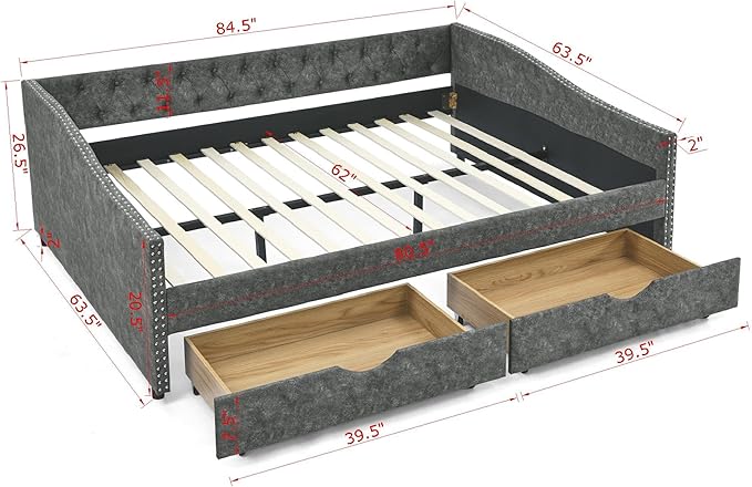 Queen Size Daybed with 2 Storage Drawers,Linen Upholstered Sofa Bed W/Button on Back & Copper Nail on Waved Shape Armrests,No Spring Box Need,Wood Bedframe for Living Room Bedroom Dorm,Grey - LeafyLoom