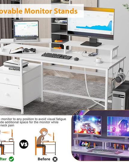 Furologee White Computer Desk with Drawer and Power Outlets, 55" Large Gaming Desk with Fabric File Cabinet and 2 Movable Monitor Shelves, Writing Table with CPU Stand and 2 Hooks for Home Office - LeafyLoom