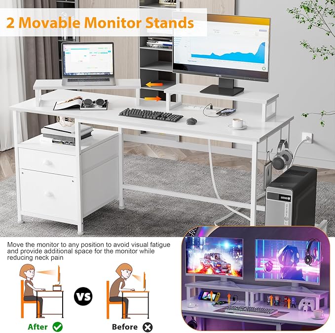 Furologee White Computer Desk with Drawer and Power Outlets, 55" Large Gaming Desk with Fabric File Cabinet and 2 Movable Monitor Shelves, Writing Table with CPU Stand and 2 Hooks for Home Office - LeafyLoom