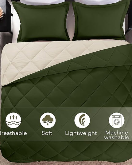 downluxe Queen Comforter Set, Lightweight Solid Down Alternative Reversible, 3-Piece Queen Size Comforter Set with 2 Reversible Pillow Shams (Lichen Green/White) - LeafyLoom