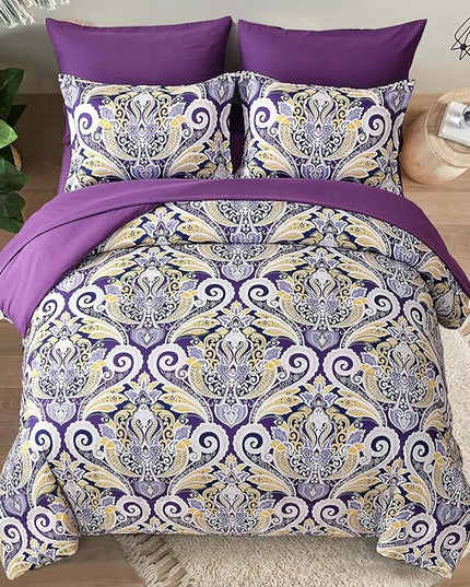 Yiran Purple Paisley Comforter Set Queen 7 Pieces Bed in a Bag Boho Comforter Lightweight Microfiber Reversible Bedding Set (1 Comforter, 1 Flat Sheet, 1 Fitted Sheet, 2 Pillowcases, 2 Pillow Shams) - LeafyLoom