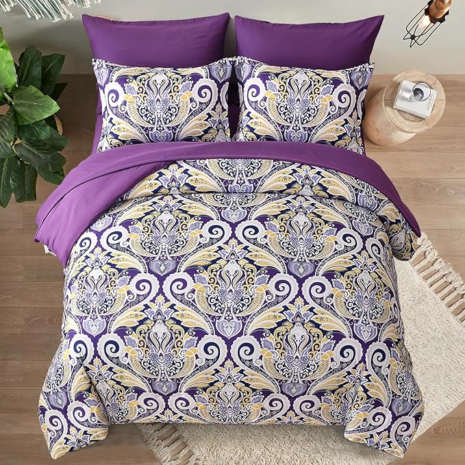 Yiran Purple Paisley Comforter Set Queen 7 Pieces Bed in a Bag Boho Comforter Lightweight Microfiber Reversible Bedding Set (1 Comforter, 1 Flat Sheet, 1 Fitted Sheet, 2 Pillowcases, 2 Pillow Shams) - LeafyLoom