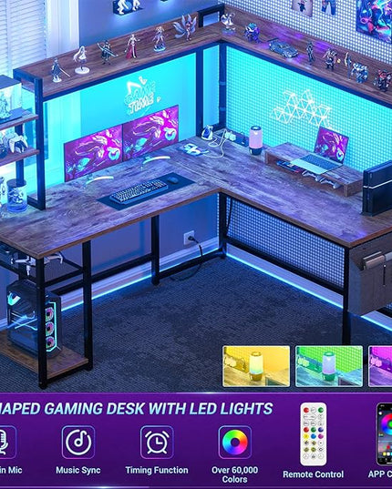 Aheaplus L Shaped Desk with Power Outlet, L Shaped Gaming Desk with Led Light & Hutch, Reversible Home Office Desk, Corner Computer Desk Writing Desk with Monitor Stand & Storage Shelf, Rustic Brown - LeafyLoom
