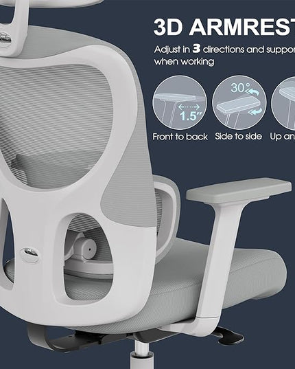 GABRYLLY Office Chair, Ergonomic Desk Chair with Adjustable Lumbar Support, 3D Armrest, Headrest, 4-Level Tilt Back, Home Mesh Chair with Wide Cushion Seat & PU Wheels for Adult Student - LeafyLoom