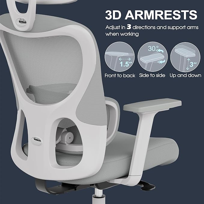 GABRYLLY Office Chair, Ergonomic Desk Chair with Adjustable Lumbar Support, 3D Armrest, Headrest, 4-Level Tilt Back, Home Mesh Chair with Wide Cushion Seat & PU Wheels for Adult Student - LeafyLoom