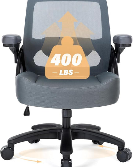 Big and Tall Office Chair 400lb- Mesh Ergonomic Heavy Duty Desk Chair- Flip Arms, Plus Size Wide Seat Executive Computer Chair for Large People- Home Office Swivel Rolling Task Chairs - LeafyLoom