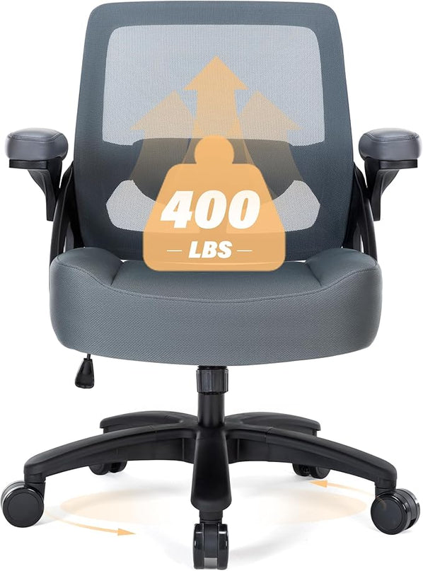 Big and Tall Office Chair 400lb- Mesh Ergonomic Heavy Duty Desk Chair- Flip Arms, Plus Size Wide Seat Executive Computer Chair for Large People- Home Office Swivel Rolling Task Chairs - LeafyLoom