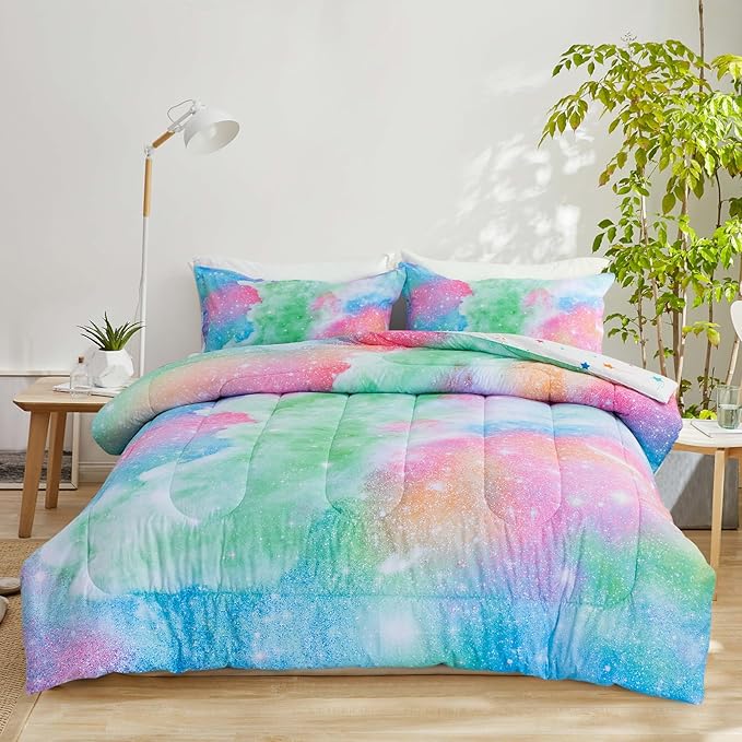 A Nice Night Galaxy Bedding Sets Outer Space Comforter 3D Printed Space Quilt Set Full Size Glitter Pink Green Color,for Children Boy Girl Teen Kids - LeafyLoom
