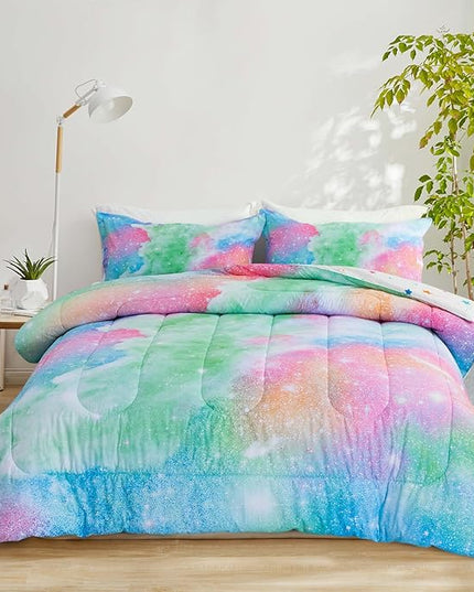 A Nice Night Galaxy Bedding Sets Outer Space Comforter 3D Printed Space Quilt Set Twin Size Glitter Pink Green Color,for Children Boy Girl Teen Kids - LeafyLoom