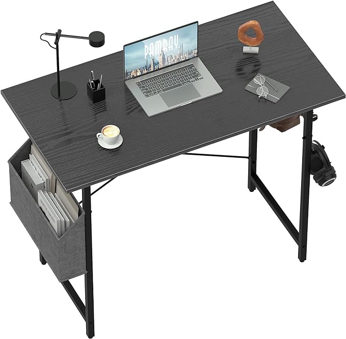 Pamray 32 Inch Computer Desk for Small Spaces with Storage Bag, Home Office Work Desk with Headphone Hook, Small Office Desk Study Writing Table - LeafyLoom