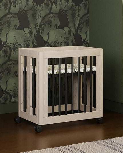 Babyletto Yuzu Convertible All-Stages Bassinet, Midi, Full-Size Crib in Washed Natural with Black, Greenguard Gold Certified, Portable & Adjustable with Conversion Kits and Pads Included - LeafyLoom