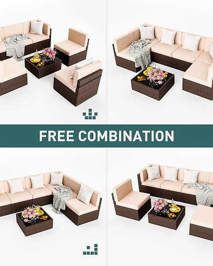Pamapic Patio Furniture Set, 7 Pieces Modular Outdoor Sectional, Patio Sectional Sofa Conversation Set, Rattan Sofa with Coffee Table and Washable Cushions Covers, Brown Rattan and Beige Cushions - LeafyLoom