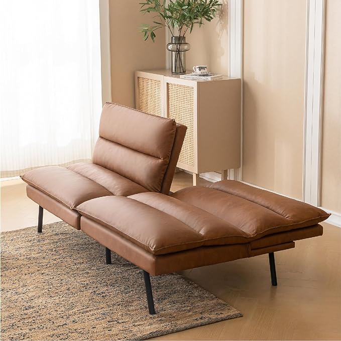 Futon Sofa Bed, Memory Foam Futon Couch with Adjustable Backrest, Multi-Functional Design Convertible Sofa Bed, Space-Saving Sleeper Sofa for Living Room(Brown-PU) - LeafyLoom