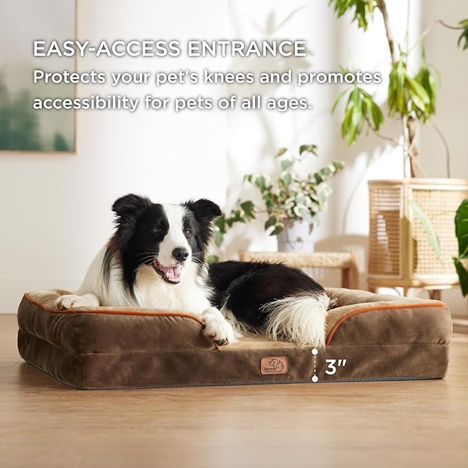 Bedsure Orthopedic Dog Bed for Large Dogs - Big Washable Dog Sofa Beds Large, Supportive Foam Pet Couch Bed with Removable Washable Cover, Waterproof Lining and Nonskid Bottom, Brown BEDSURE