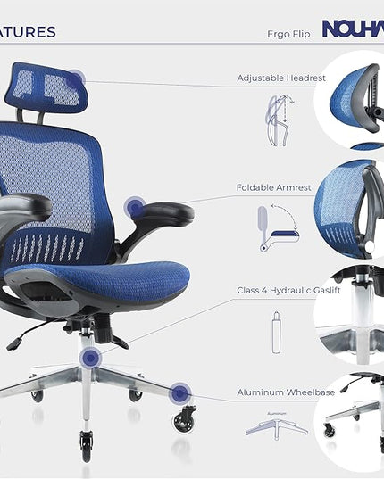 Nouhaus ErgoFlip Ergonomic Office Chair - Mesh Office Chair with Adjustable Headrest, Lumbar Support & Blade Wheels - Executive Swivel Desk Chair, Gaming Chair for Comfort and Durability (Blue) - LeafyLoom