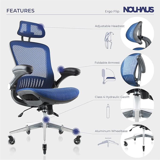 Nouhaus ErgoFlip Ergonomic Office Chair - Mesh Office Chair with Adjustable Headrest, Lumbar Support & Blade Wheels - Executive Swivel Desk Chair, Gaming Chair for Comfort and Durability (Blue) - LeafyLoom