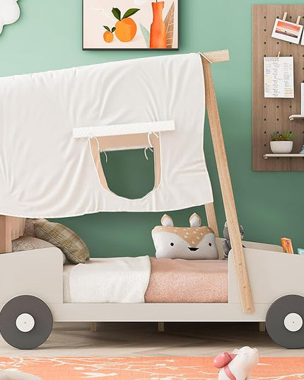 Full Size Car Bed with Ceiling Cloth,Wood Car-Shaped Bed Frame with Pillow and LED Light for Kids Girls Boys, No Box Spring Needed, Natural - LeafyLoom