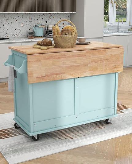Cart with Rubber Wood Drop-Leaf Countertop and Sliding Barn Door, Rolling Mobile Island on Wheels w/Storage and Towel Rack for Dining Room Kitchen, Mint Green, 52.2 Inch - LeafyLoom