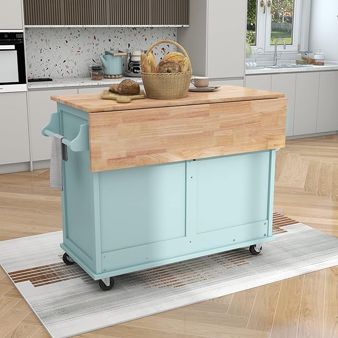Cart with Rubber Wood Drop-Leaf Countertop and Sliding Barn Door, Rolling Mobile Island on Wheels w/Storage and Towel Rack for Dining Room Kitchen, Mint Green, 52.2 Inch - LeafyLoom