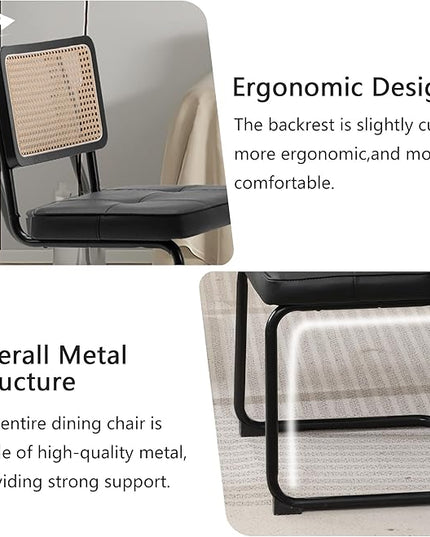 Rattan Dining Chairs Set of 2, Mid Century Modern PU Leather Dining Room Kitchen Chairs with Cane Back, Metal Chrome Legs, Upholstered Wicker Armless Accent Chairs, Black - LeafyLoom