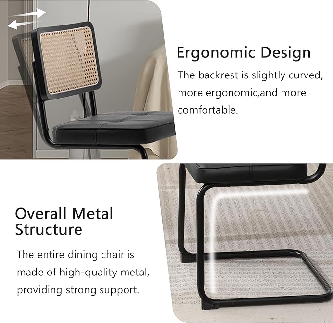 Rattan Dining Chairs Set of 2, Mid Century Modern PU Leather Dining Room Kitchen Chairs with Cane Back, Metal Chrome Legs, Upholstered Wicker Armless Accent Chairs, Black - LeafyLoom