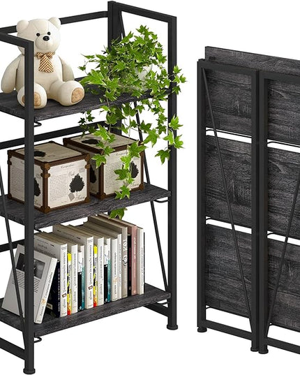 4NM No-Assembly Folding Bookshelf Storage Shelves 3 Tiers Vintage Bookcase Standing Racks Study Organizer Home Office (Gray and Black) - LeafyLoom
