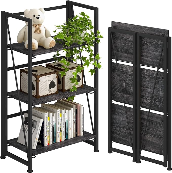 4NM No-Assembly Folding Bookshelf Storage Shelves 3 Tiers Vintage Bookcase Standing Racks Study Organizer Home Office (Gray and Black) - LeafyLoom