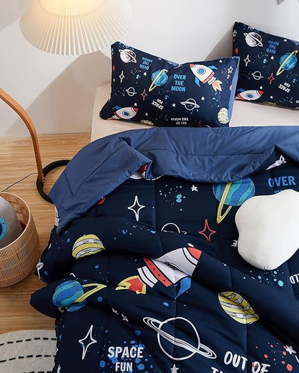 beeweed 5 Piece Kid Comforter Set Twin Size, Space Rocket Bedding Set for Teen Boys Girls - LeafyLoom