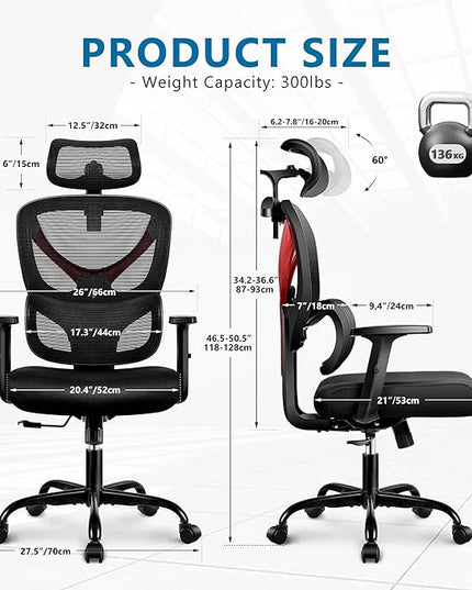 Office Chair Ergonomic Desk Chair Comfy Computer Chair, Big and Tall Home Office Chair with Back Support, Mesh Office Chair High Back Gaming Chair with Adjustable Armrest (Red) - LeafyLoom