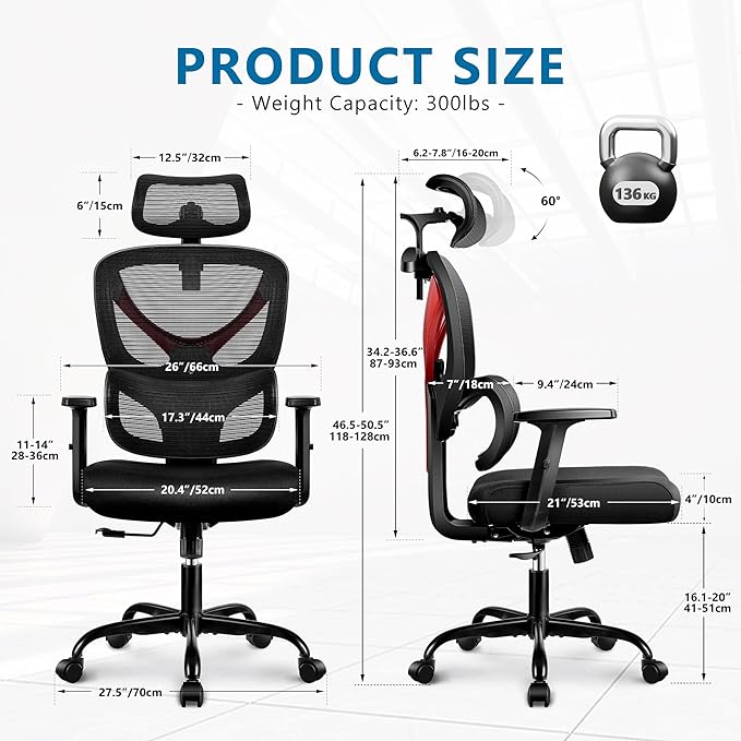 Office Chair Ergonomic Desk Chair Comfy Computer Chair, Big and Tall Home Office Chair with Back Support, Mesh Office Chair High Back Gaming Chair with Adjustable Armrest (Red) - LeafyLoom