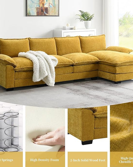 118" Sectional Sofa, L-Shaped Couch Set with Double Cushions and Chaise Lounge, 5-seat Upholstered Indoor Furniture for Living Room, Apartment, Office, 118inch, Yellow - LeafyLoom