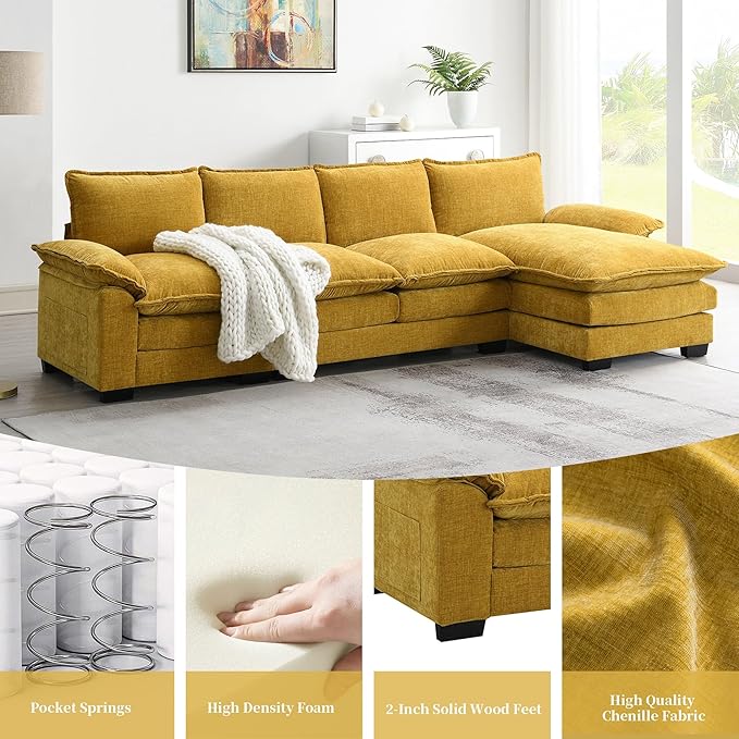 118" Sectional Sofa, L-Shaped Couch Set with Double Cushions and Chaise Lounge, 5-seat Upholstered Indoor Furniture for Living Room, Apartment, Office, 118inch, Yellow - LeafyLoom
