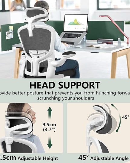 FelixKing Office Chair with Headrest, Home Office Desk Chairs with Flip-Up Armrests, Adjustable Height Ergonomic Office Chair Lumbar Support, Mesh Backrest Computer Chair (White) - LeafyLoom
