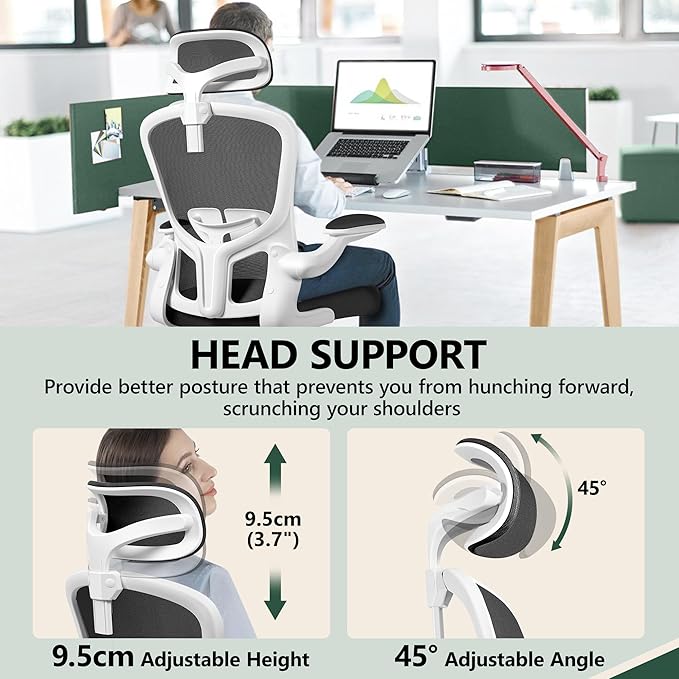 FelixKing Office Chair with Headrest, Home Office Desk Chairs with Flip-Up Armrests, Adjustable Height Ergonomic Office Chair Lumbar Support, Mesh Backrest Computer Chair (White) - LeafyLoom