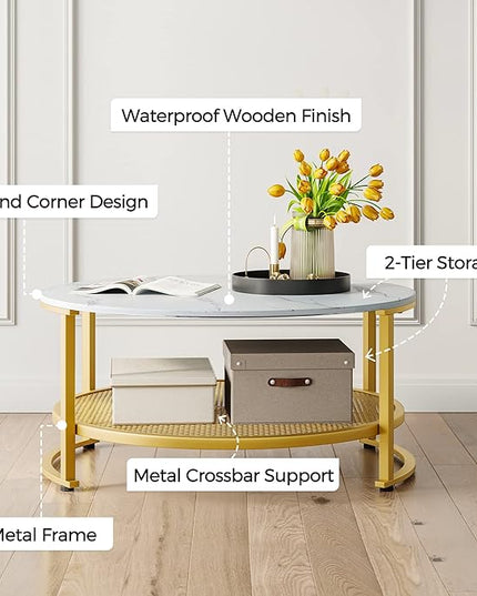 LINSY Home Round Coffee Table Set of 3 for Living Room, Modern Coffee Table with Open Storage, Wood Surface Top & Sturdy Metal Legs Large Circle Coffee Table, White and Gold - LeafyLoom