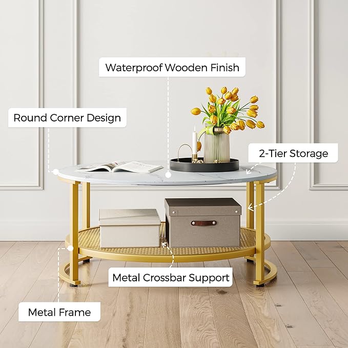 LINSY Home Round Coffee Table Set of 3 for Living Room, Modern Coffee Table with Open Storage, Wood Surface Top & Sturdy Metal Legs Large Circle Coffee Table, White and Gold - LeafyLoom